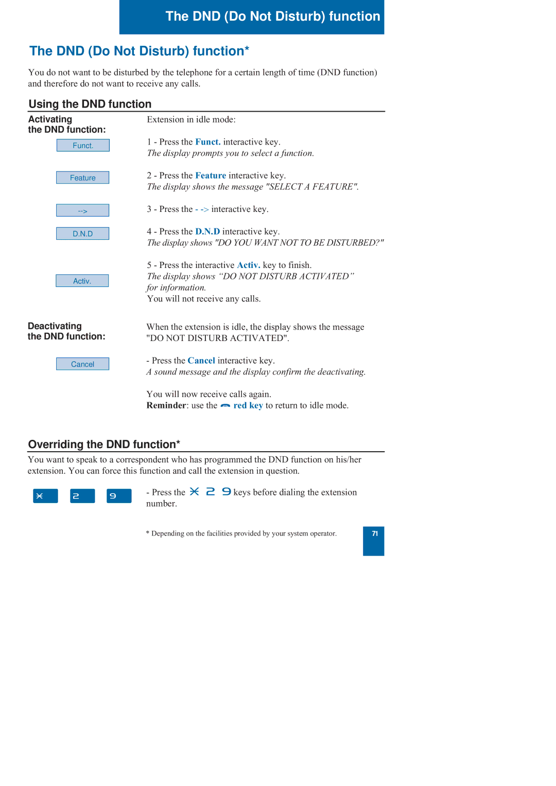 Nortel Networks M760 manual DND Do Not Disturb function, Using the DND function, Overriding the DND function 