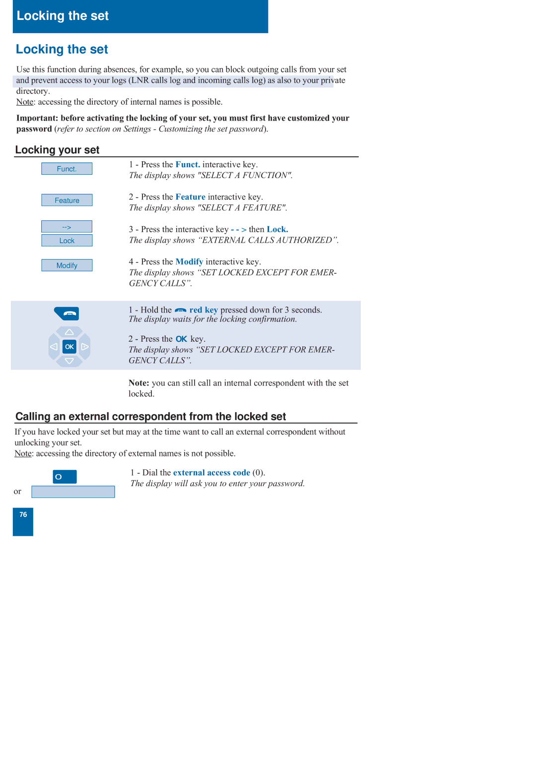 Nortel Networks M760 manual Locking the set, Locking your set, Calling an external correspondent from the locked set 