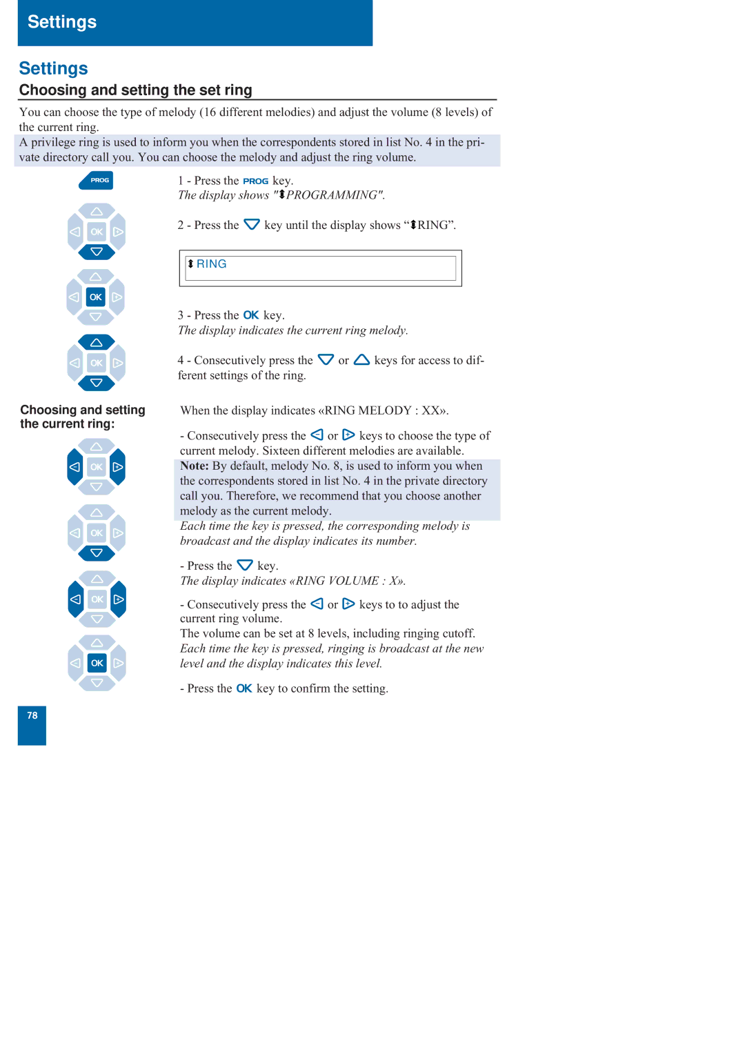 Nortel Networks M760 manual Settings, Choosing and setting the set ring, Choosing and setting the current ring 