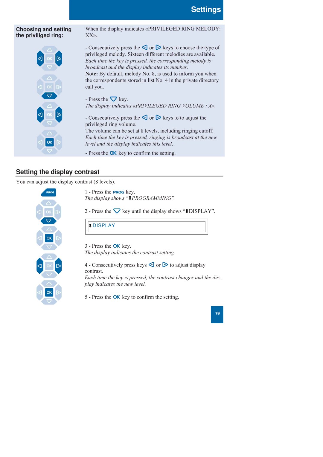 Nortel Networks M760 manual Setting the display contrast, Choosing and setting the priviliged ring 