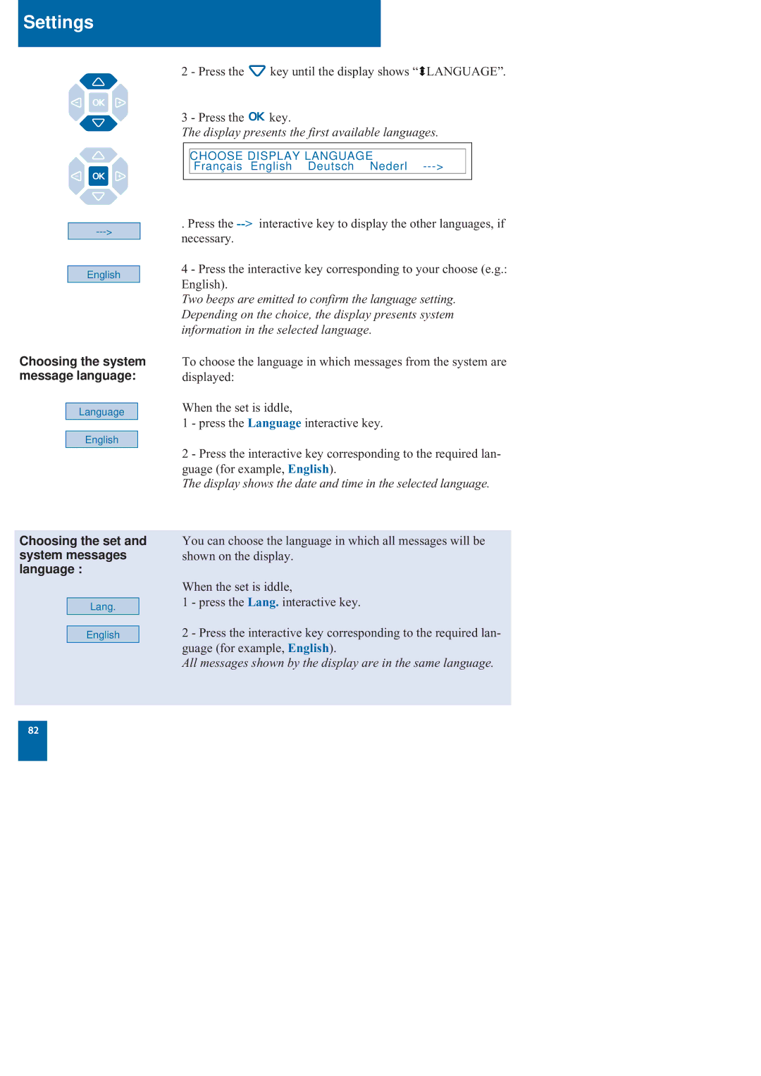 Nortel Networks M760 manual Choosing the system message language, Choosing the set and system messages language 