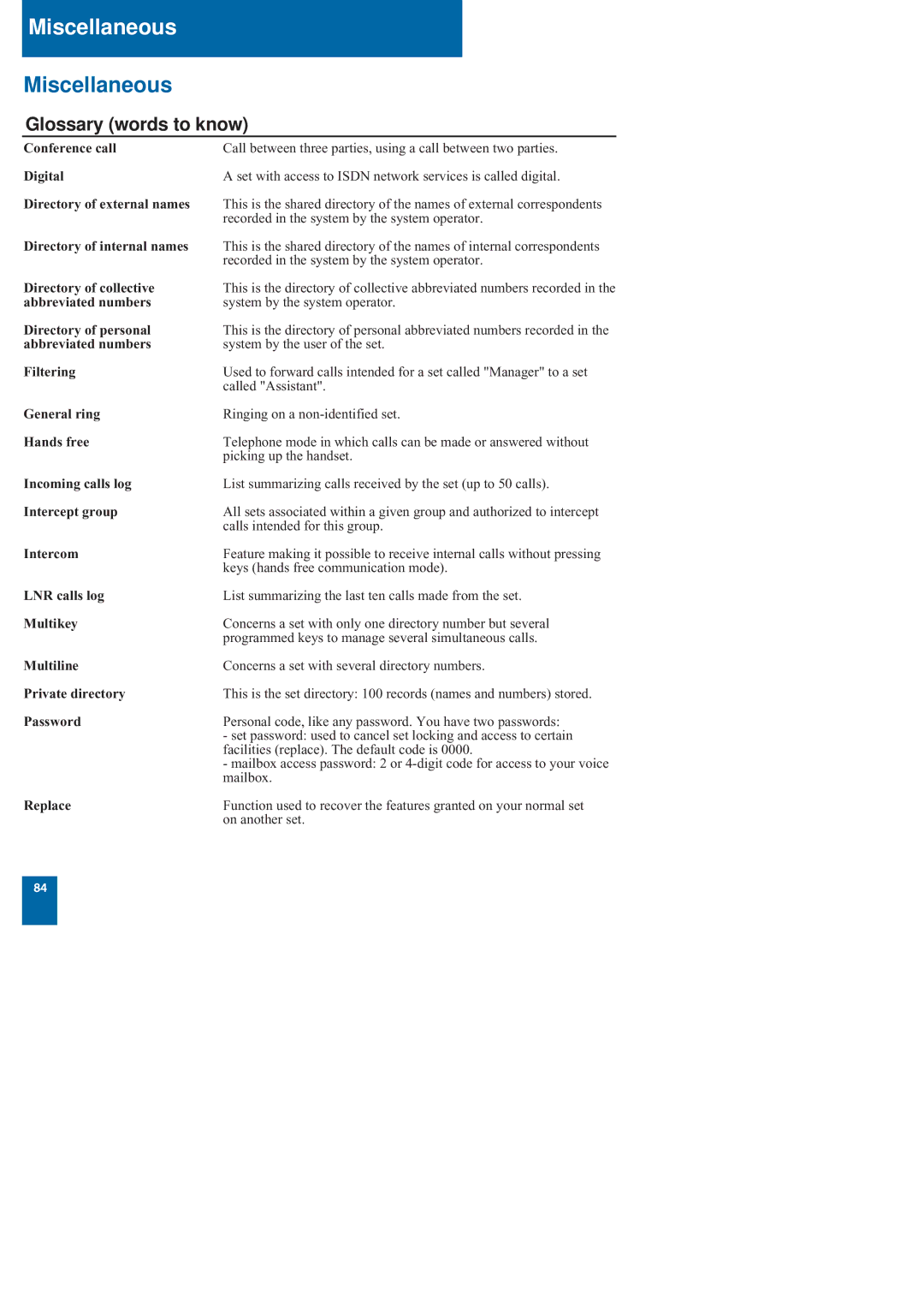 Nortel Networks M760 manual Miscellaneous, Glossary words to know 