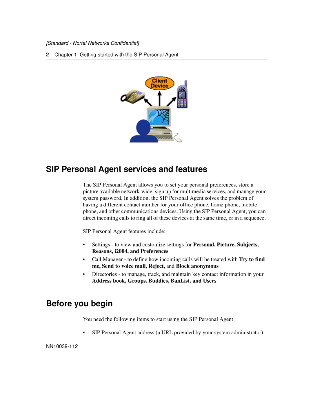 Nortel Networks MCP1.1 FP1 (2.02) manual SIP Personal Agent services and features, Before you begin 