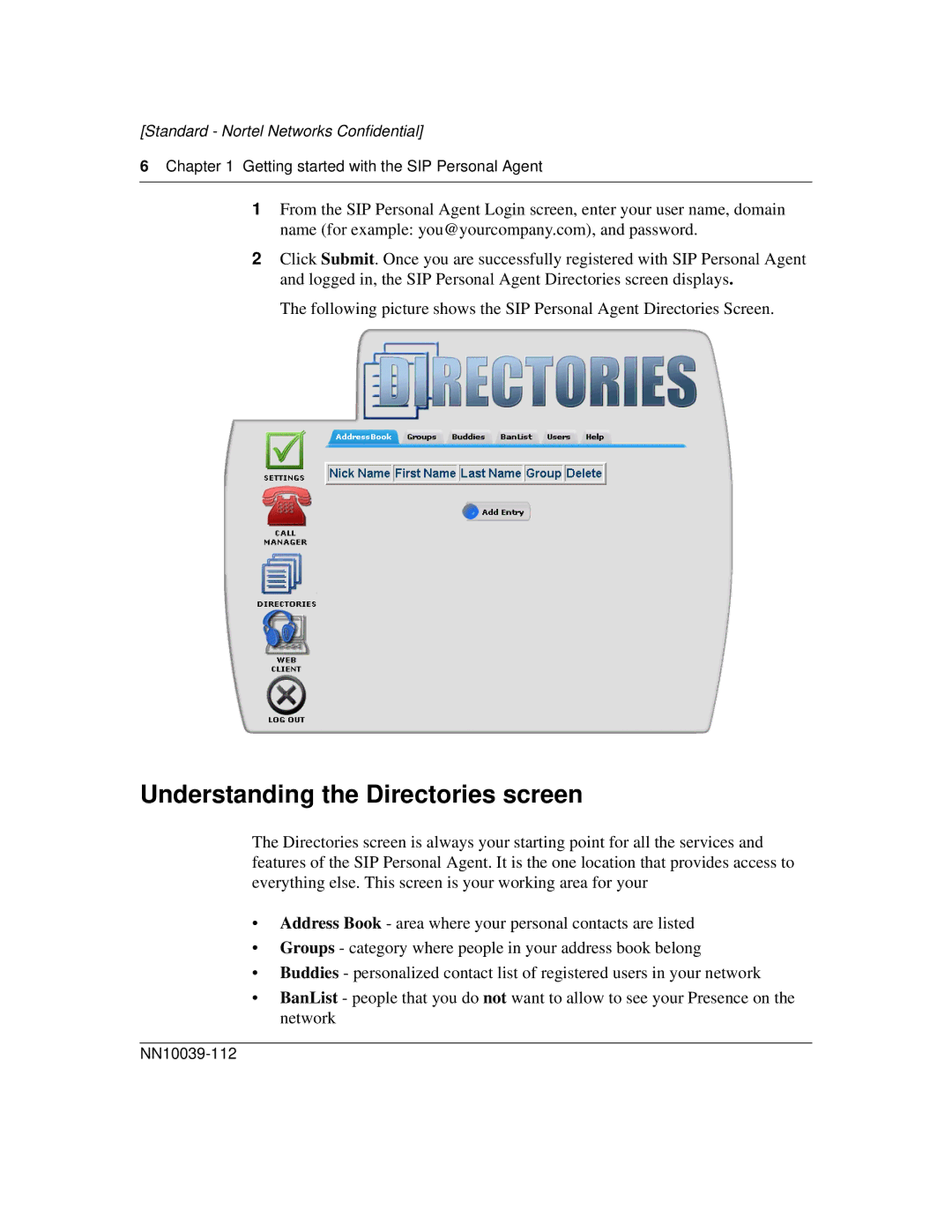 Nortel Networks MCP1.1 FP1 (2.02) manual Understanding the Directories screen 