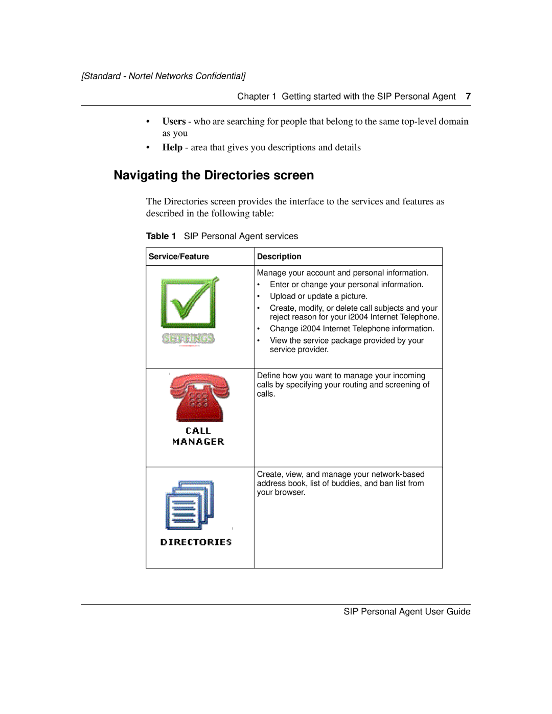 Nortel Networks MCP1.1 FP1 (2.02) manual Navigating the Directories screen, SIP Personal Agent services 