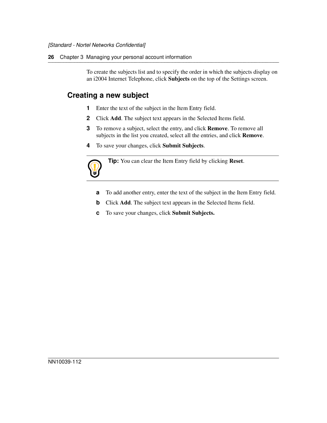 Nortel Networks MCP1.1 FP1 (2.02) manual Creating a new subject 