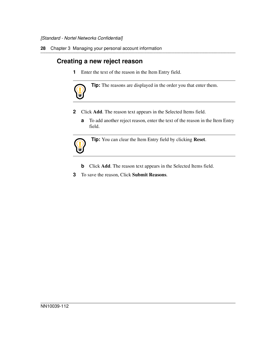 Nortel Networks MCP1.1 FP1 (2.02) manual Creating a new reject reason 