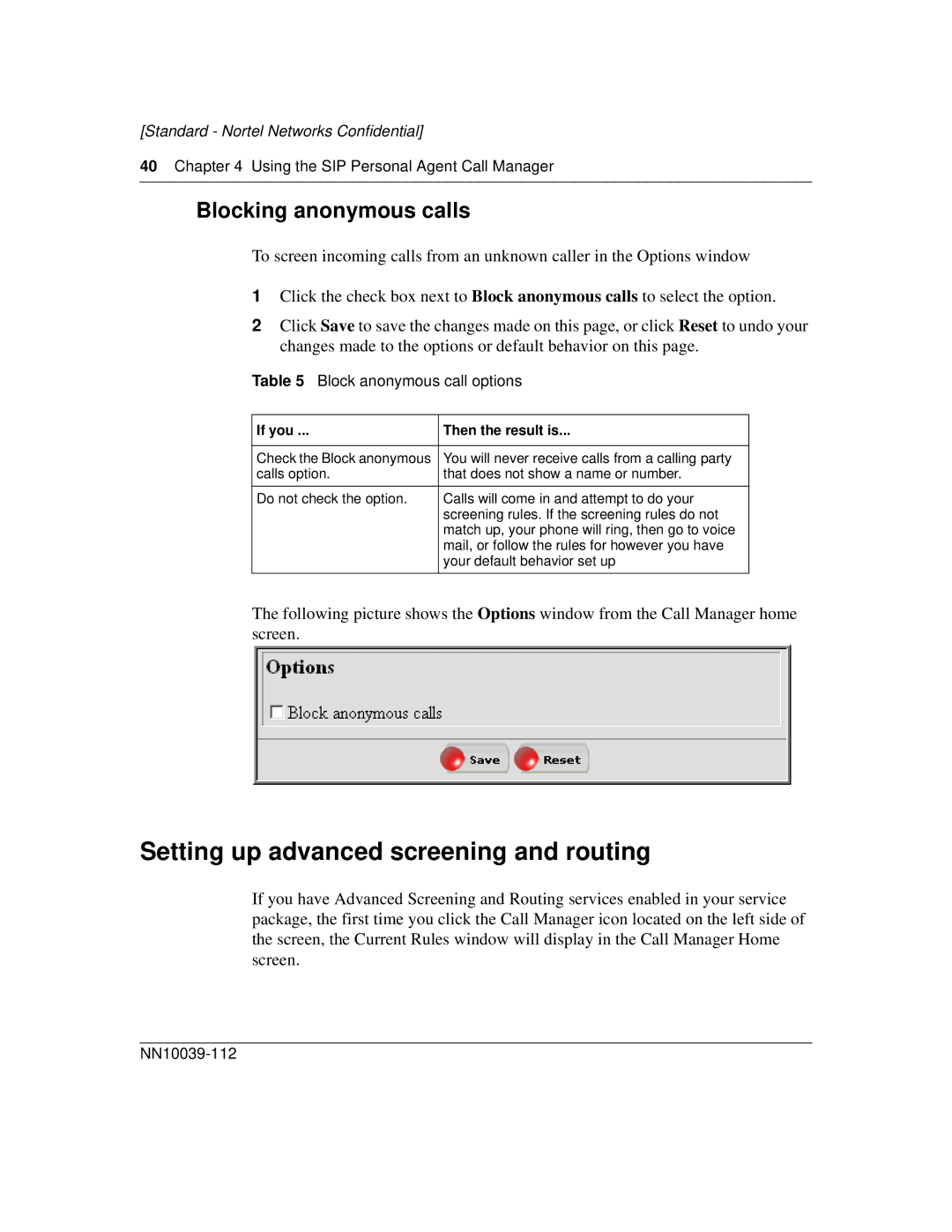 Nortel Networks MCP1.1 FP1 (2.02) manual Setting up advanced screening and routing, Blocking anonymous calls 