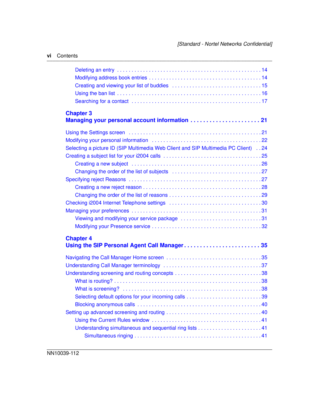 Nortel Networks MCP1.1 FP1 (2.02) manual Chapter Managing your personal account information, Vi Contents 