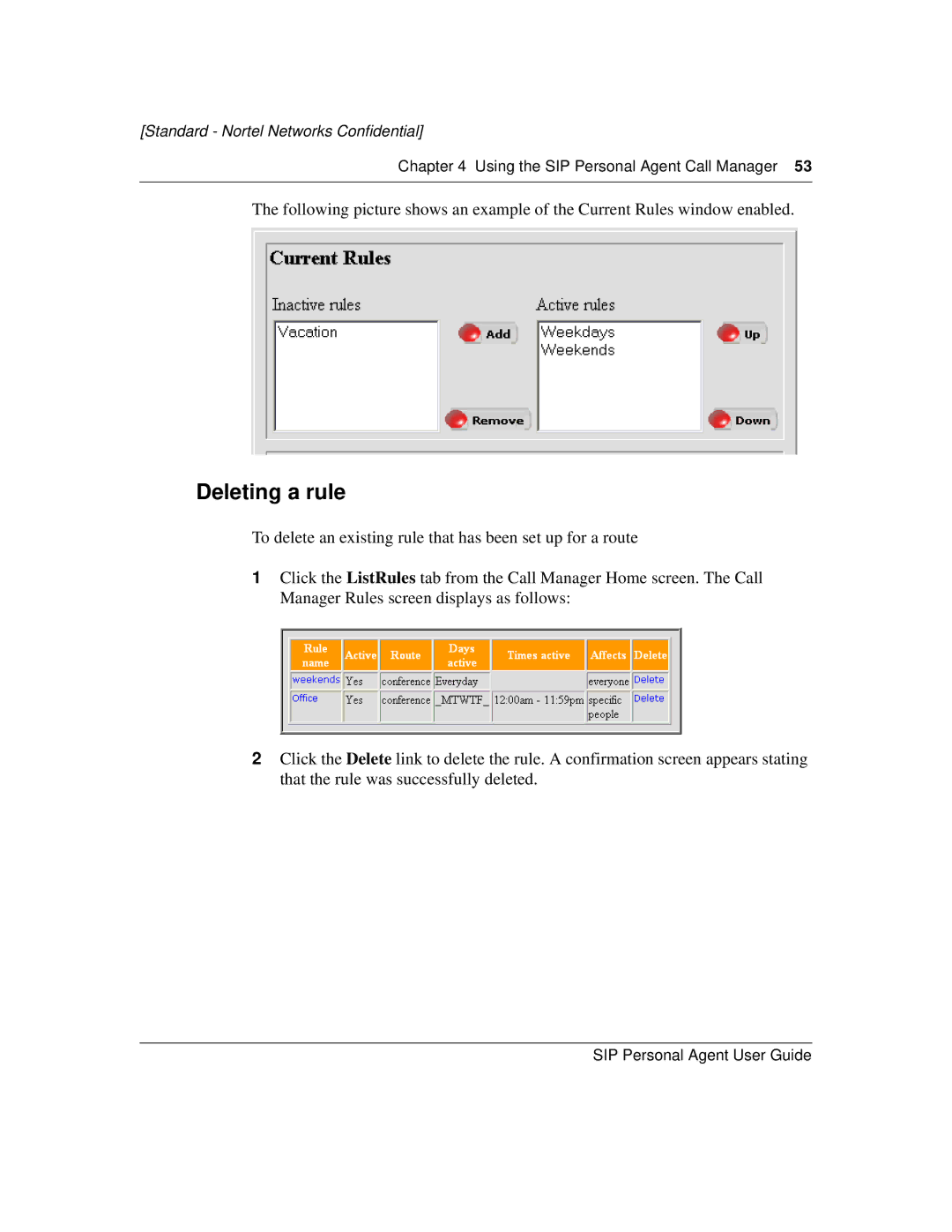 Nortel Networks MCP1.1 FP1 (2.02) manual Deleting a rule 