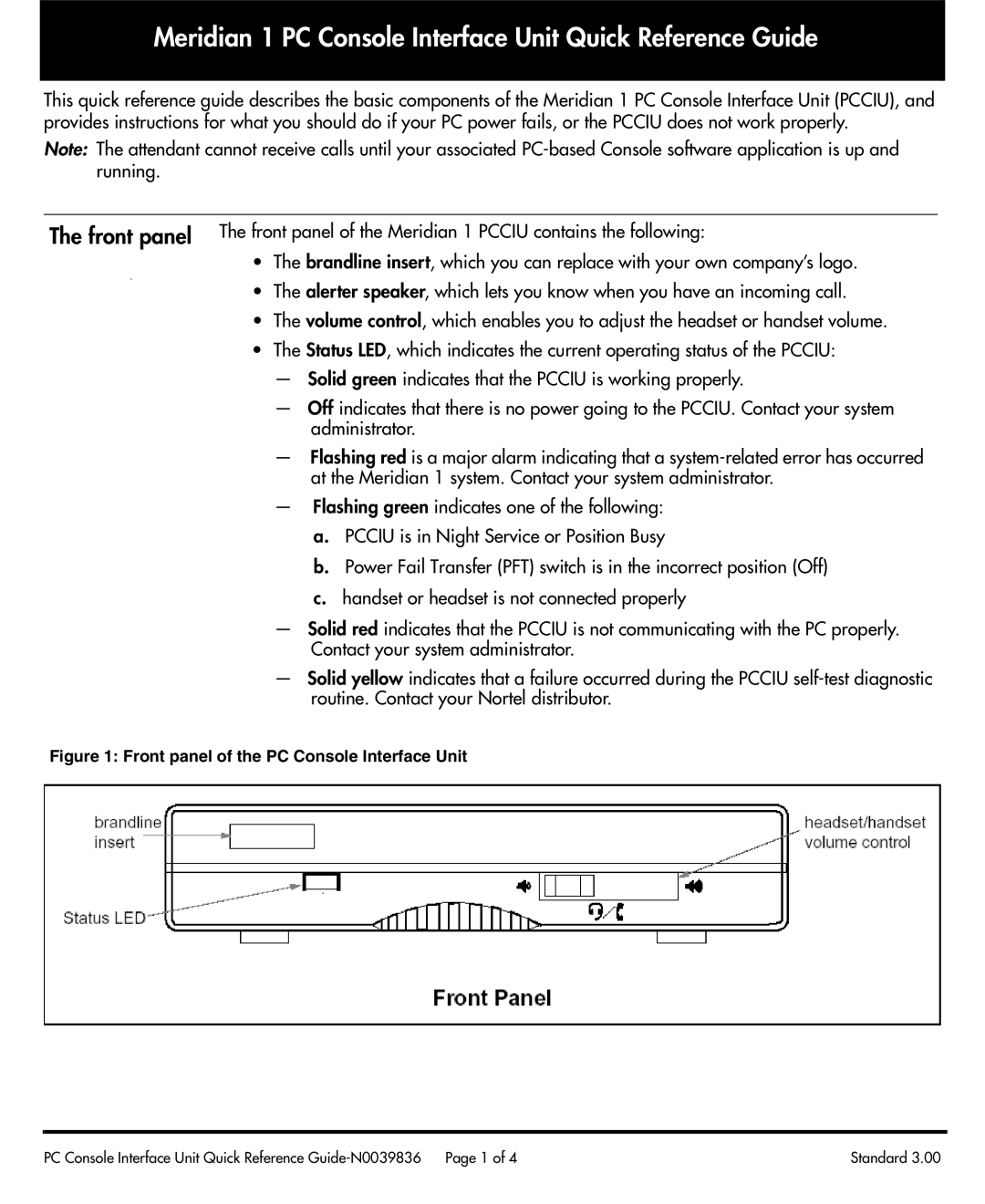 Nortel Networks manual Meridian 1 PC Console Interface Unit Quick Reference Guide 