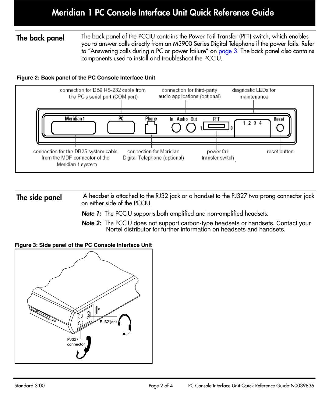 Nortel Networks Meridian 1 PC Console Interface Unit manual Back panel, Side panel 