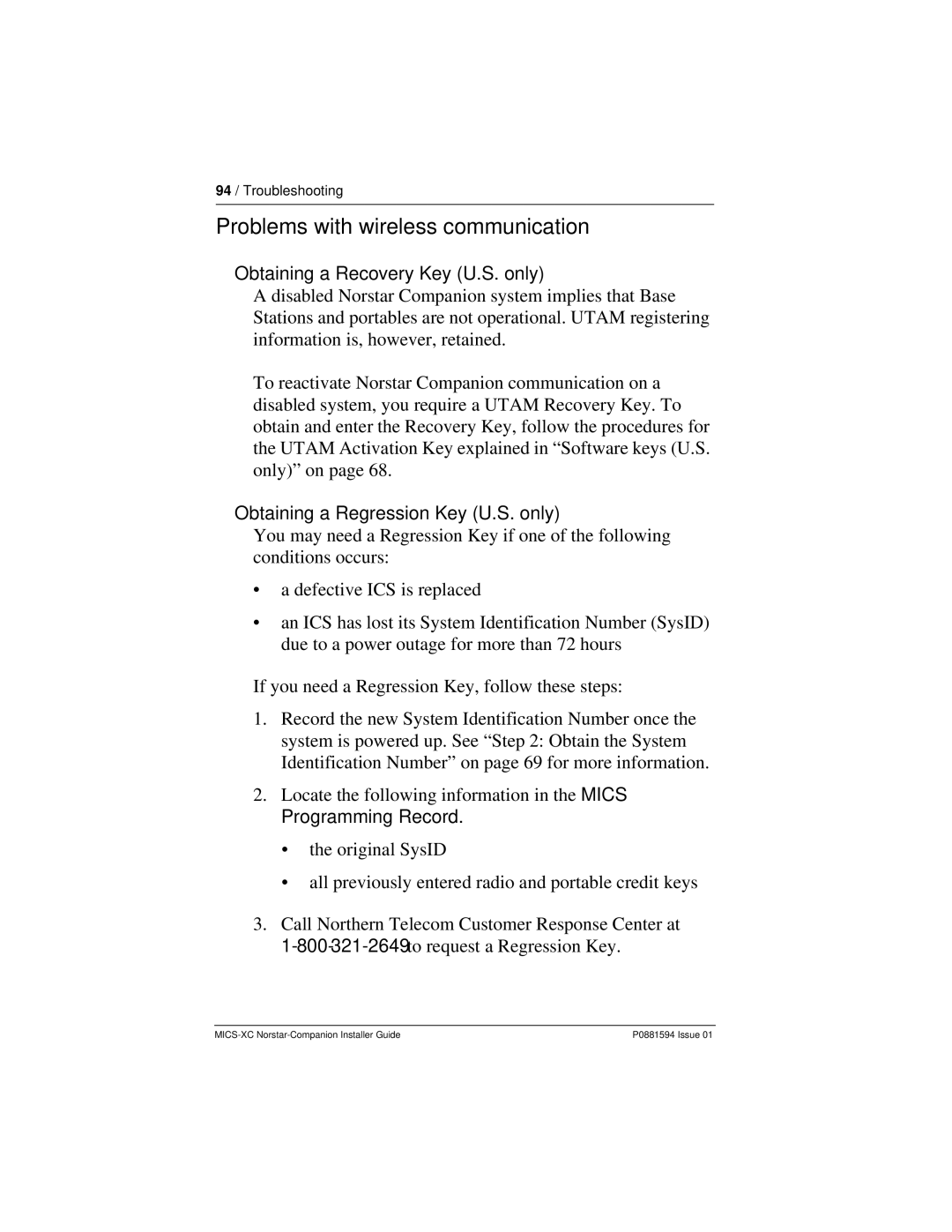 Nortel Networks MICS-XC manual Problems with wireless communication, Obtaining a Recovery Key U.S. only 