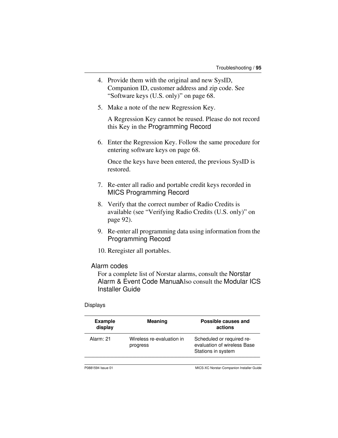 Nortel Networks MICS-XC manual Alarm codes, Displays, Example Meaning Possible causes Display Actions 