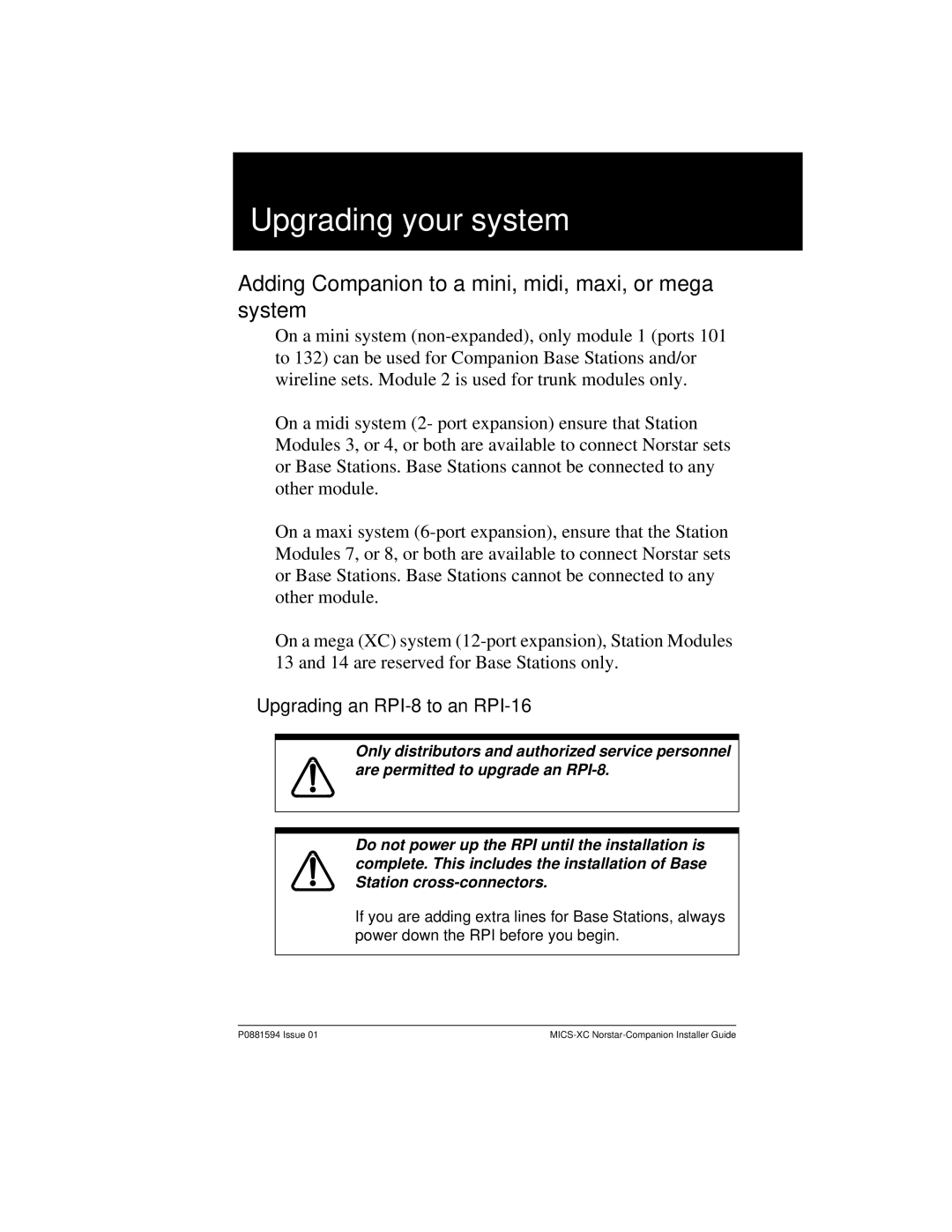 Nortel Networks MICS-XC manual Upgrading your system, Adding Companion to a mini, midi, maxi, or mega system 