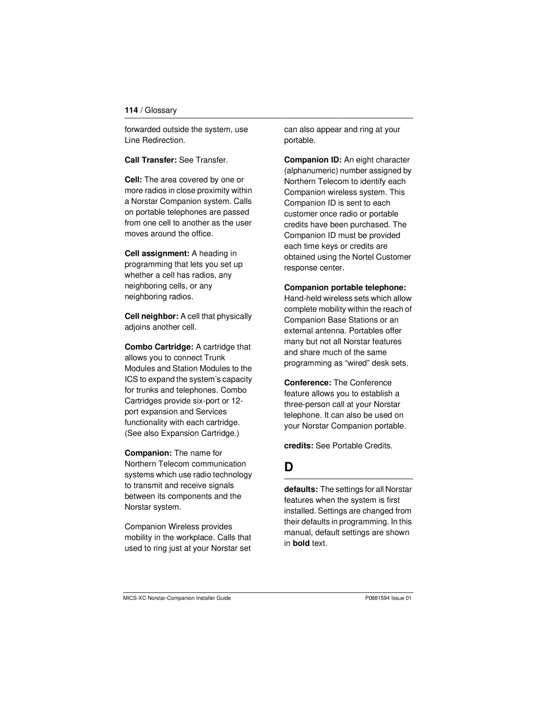 Nortel Networks MICS-XC manual Call Transfer See Transfer, Companion portable telephone 