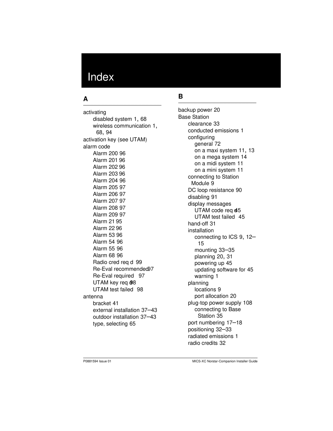 Nortel Networks MICS-XC manual Index, Utam code reqÕd Utam test failed 