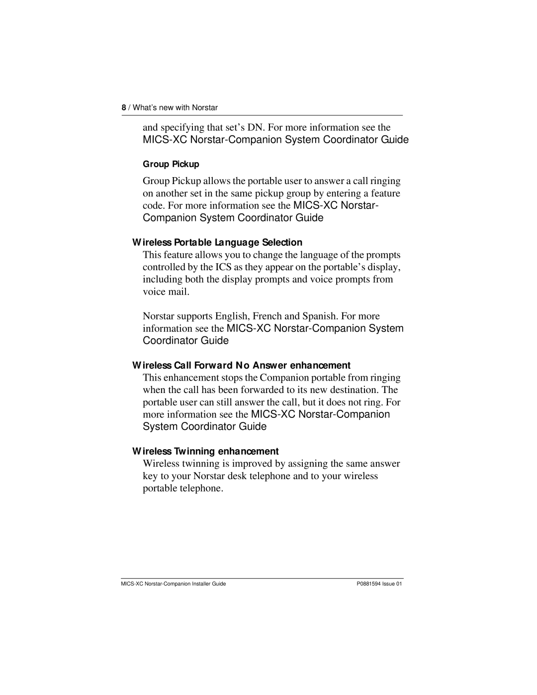 Nortel Networks MICS-XC manual Wireless Portable Language Selection, Wireless Call Forward No Answer enhancement 