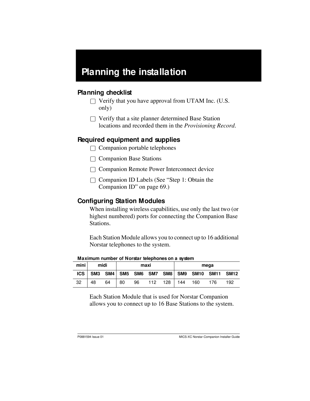 Nortel Networks MICS-XC manual Planning the installation, Planning checklist, Required equipment and supplies 