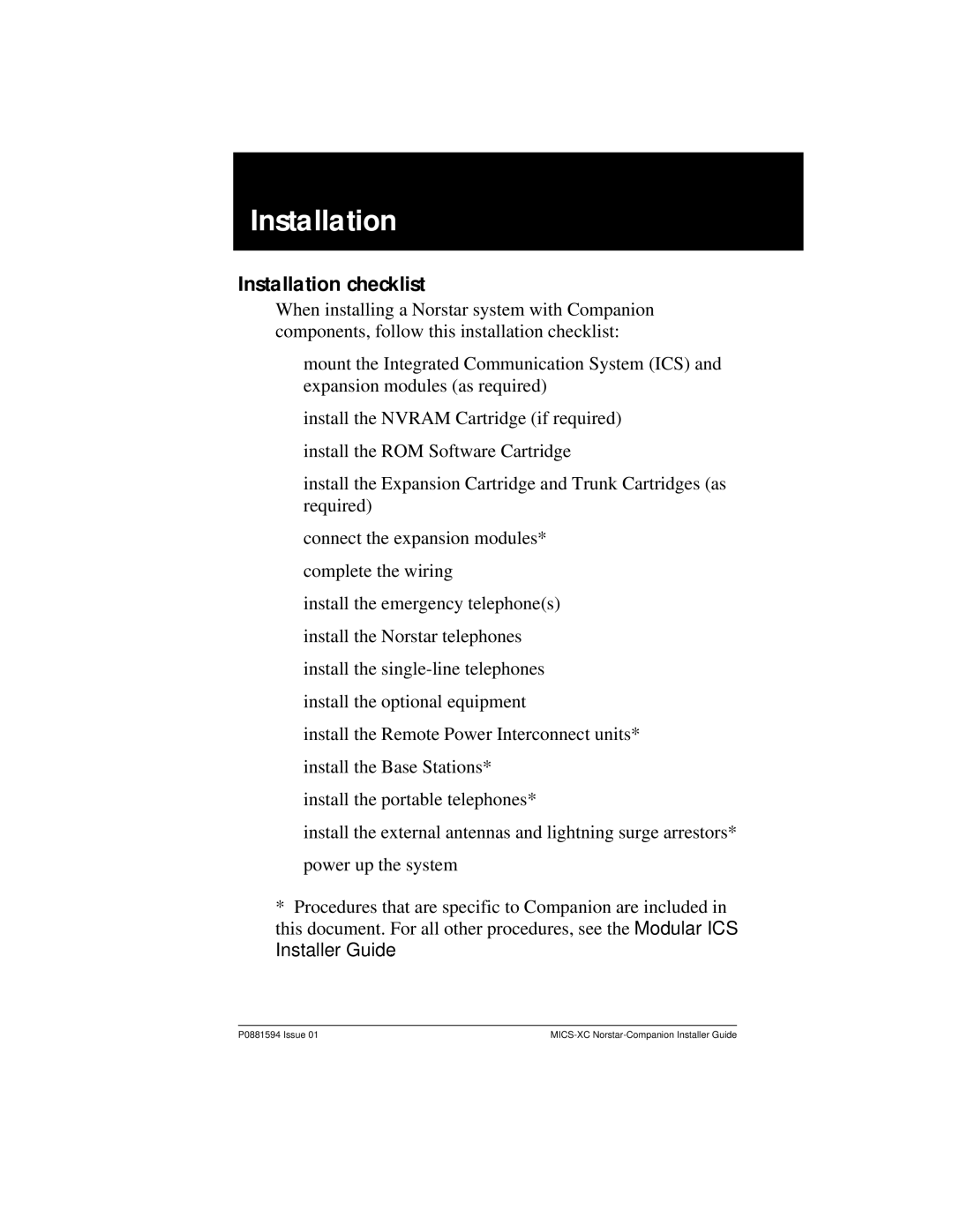 Nortel Networks MICS-XC manual Installation checklist 