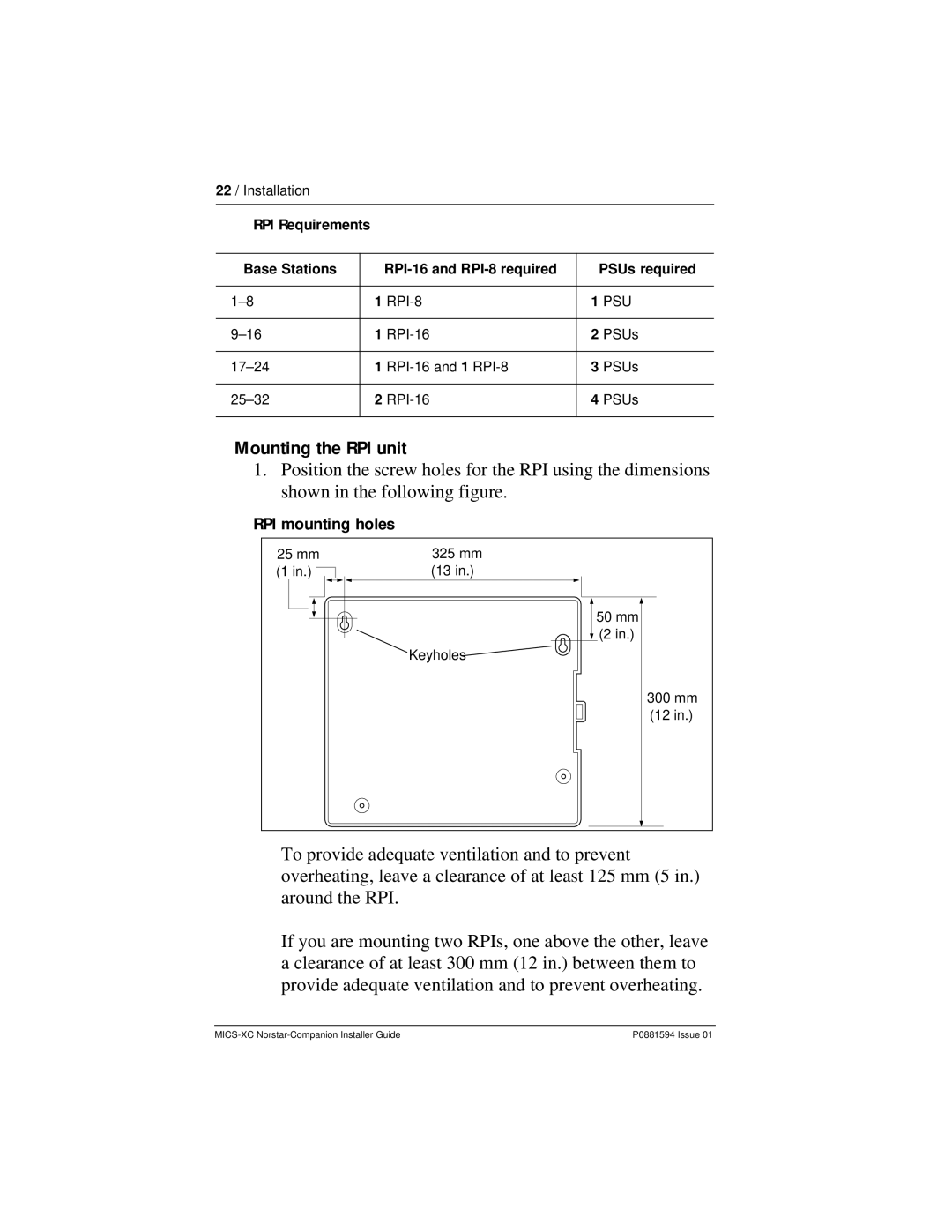 Nortel Networks MICS-XC Mounting the RPI unit, RPI Requirements, Base Stations RPI-16 and RPI-8 required PSUs required 