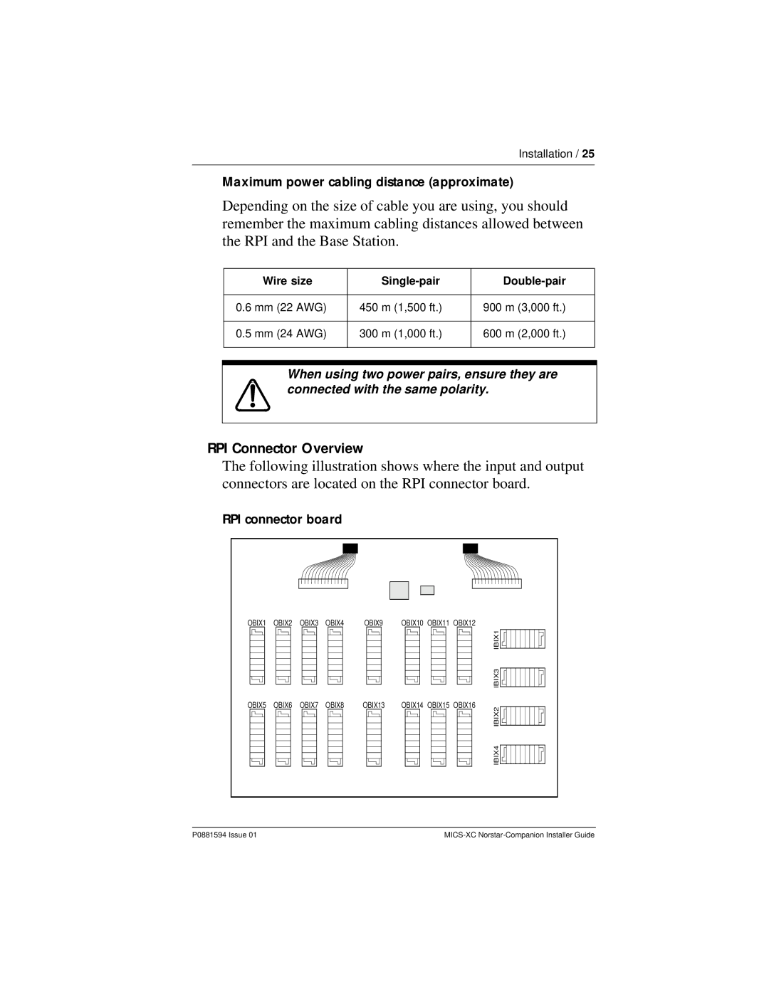 Nortel Networks MICS-XC manual RPI Connector Overview, Wire size Single-pair Double-pair 