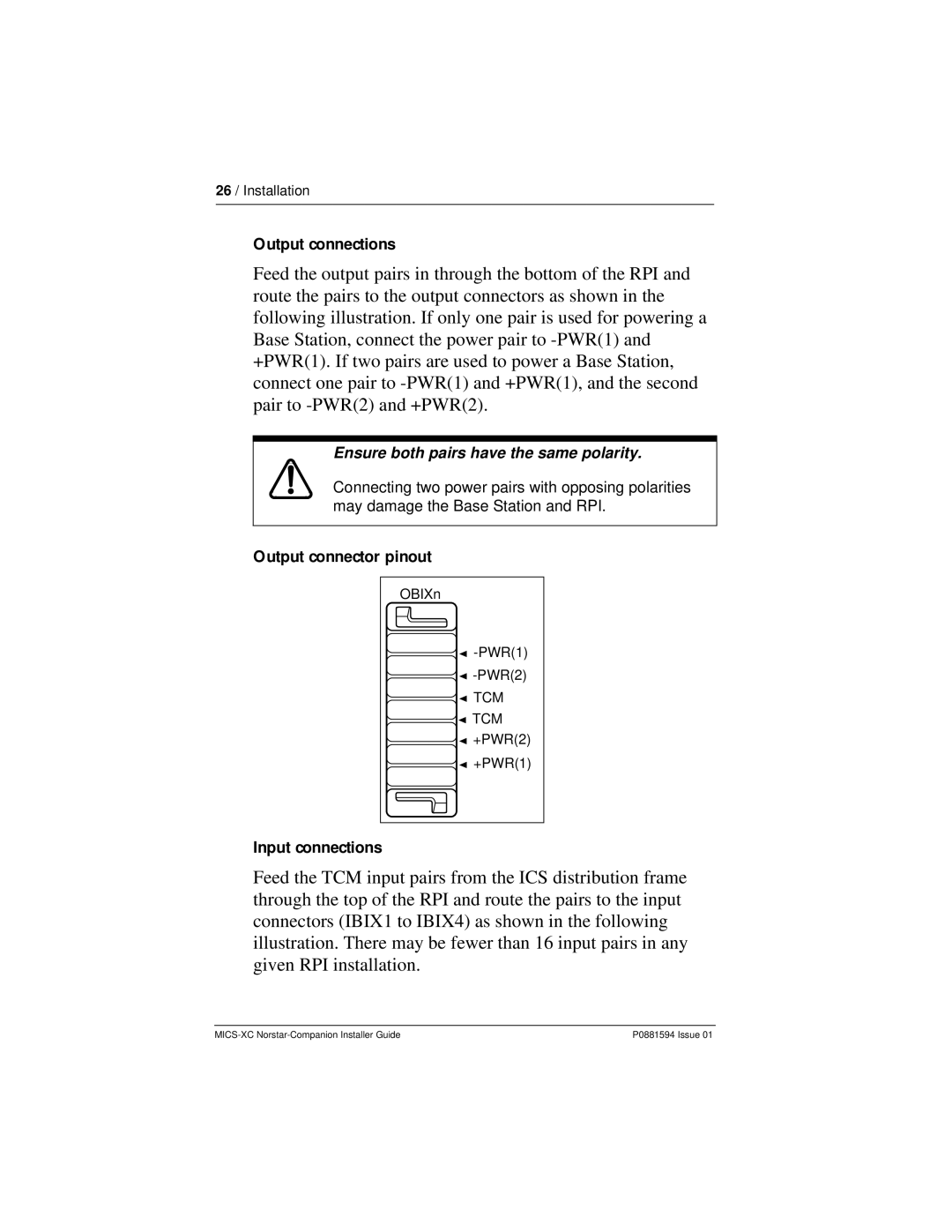 Nortel Networks MICS-XC manual Output connections 