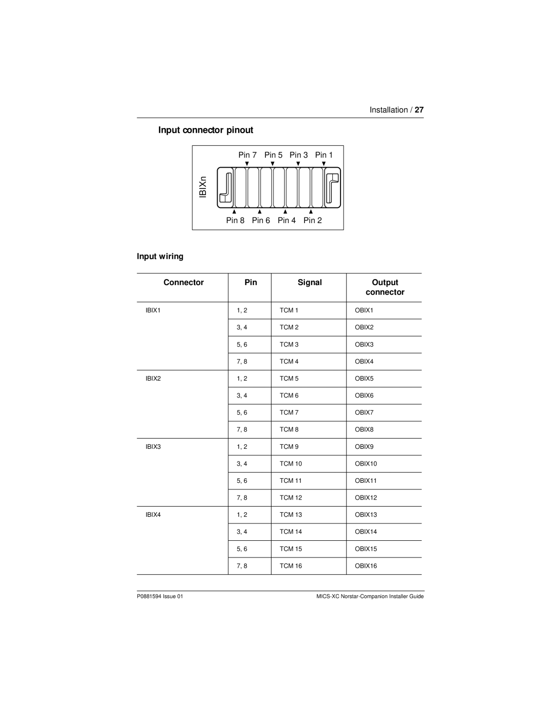 Nortel Networks MICS-XC manual Input wiring, Connector Pin Signal Output 