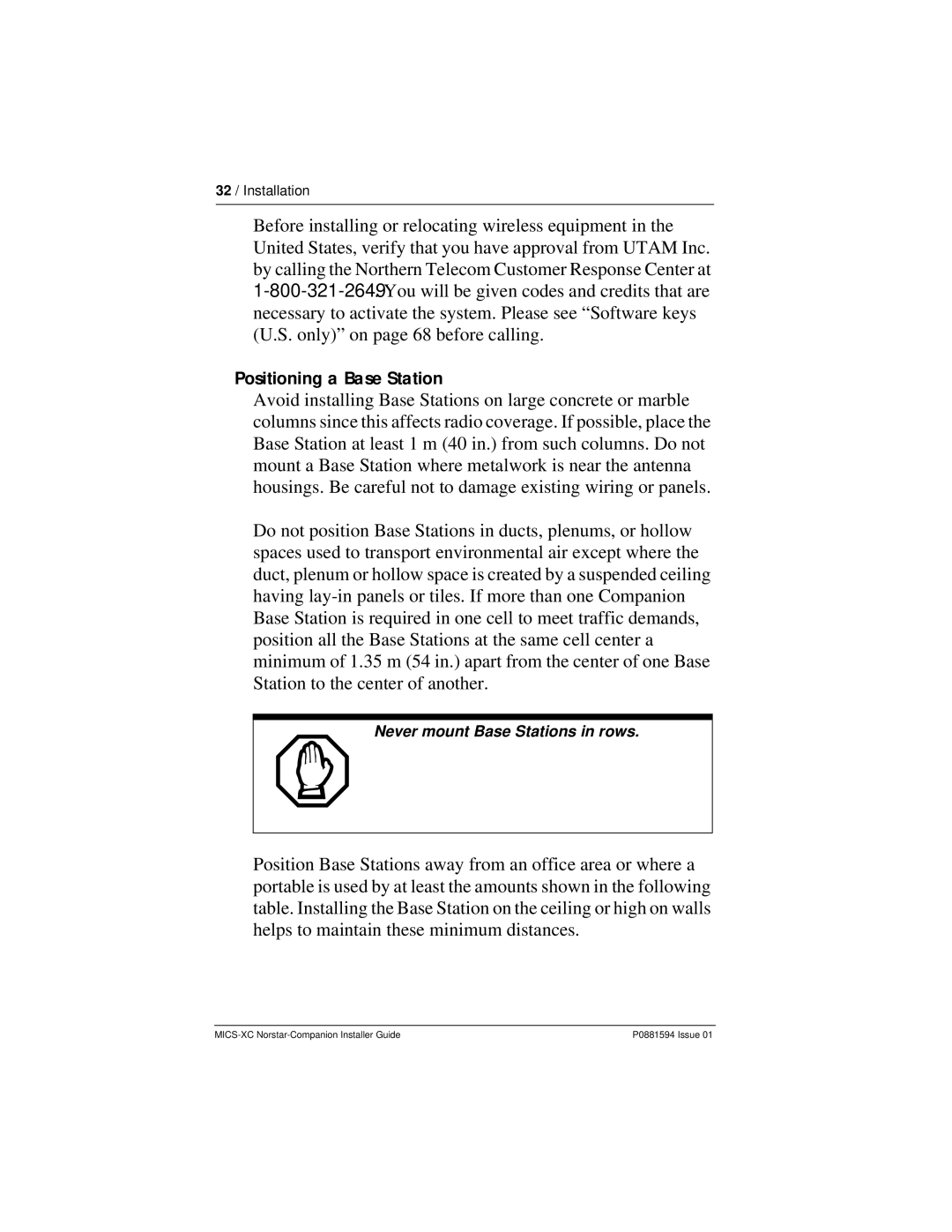 Nortel Networks MICS-XC manual Positioning a Base Station 