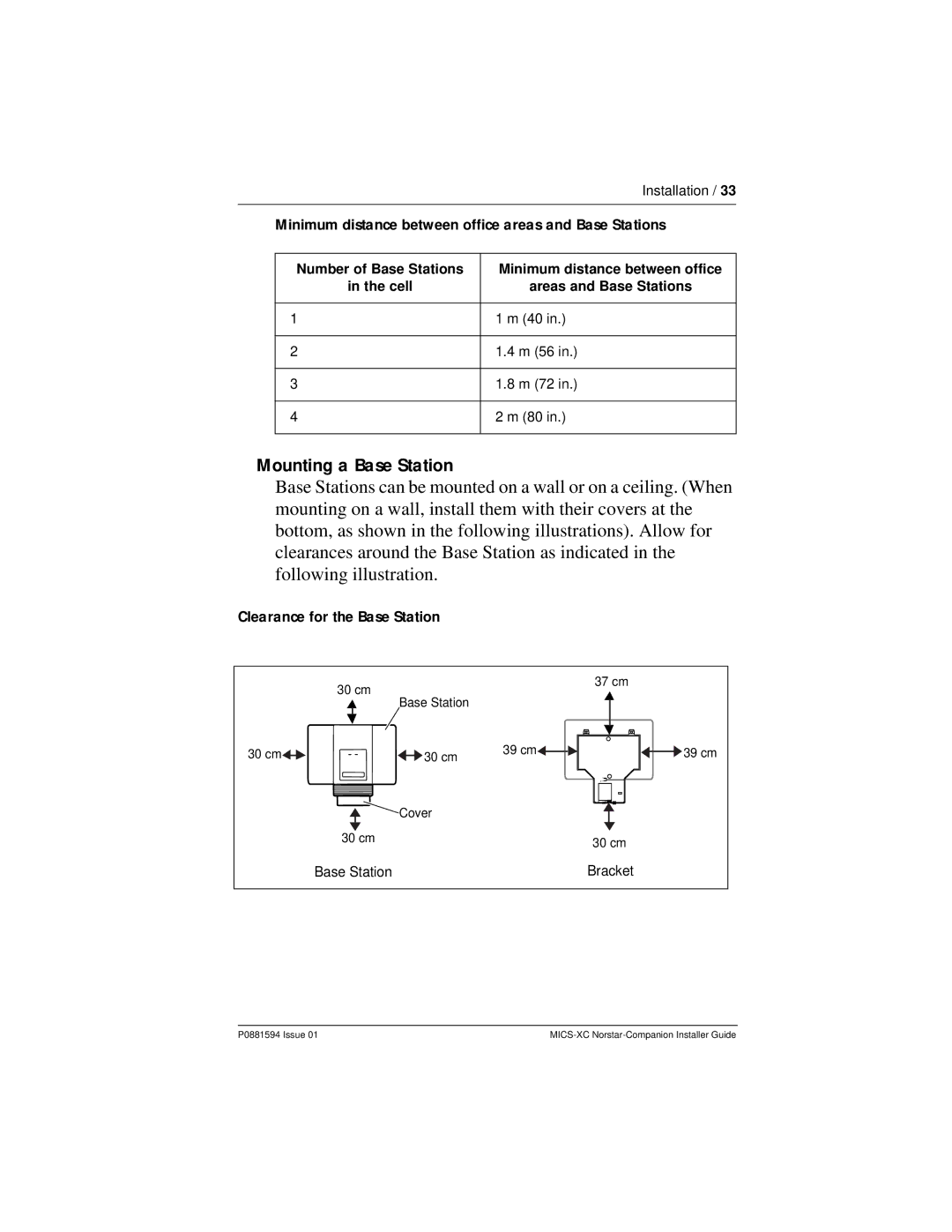 Nortel Networks MICS-XC manual Mounting a Base Station, Minimum distance between office areas and Base Stations 