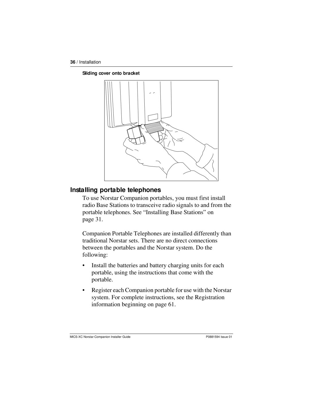 Nortel Networks MICS-XC manual Installing portable telephones, Sliding cover onto bracket 