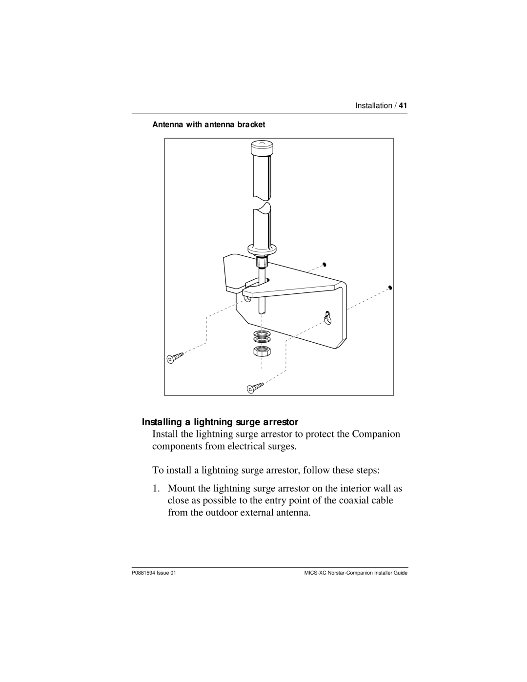 Nortel Networks MICS-XC manual Installing a lightning surge arrestor, Antenna with antenna bracket 