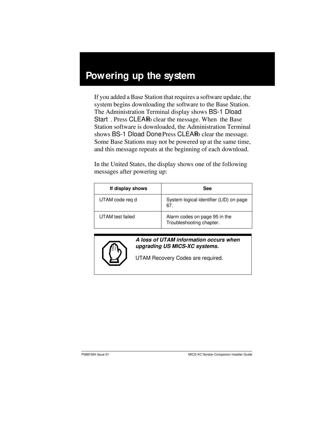 Nortel Networks MICS-XC manual Powering up the system, If display shows See 