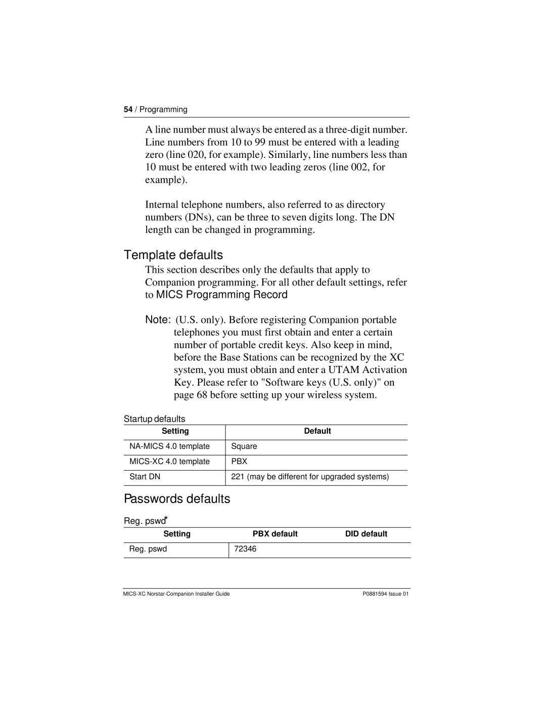 Nortel Networks MICS-XC manual Template defaults, Passwords defaults, Startup defaults, Reg. pswd 