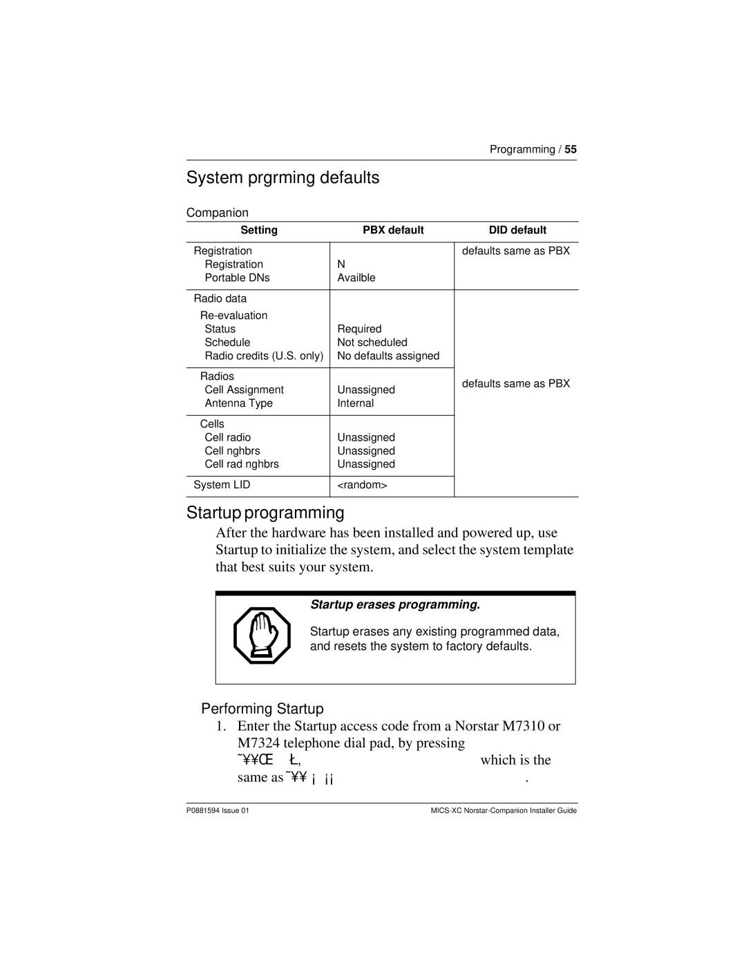 Nortel Networks MICS-XC manual System prgrming defaults, Startup programming, Performing Startup, Companion 