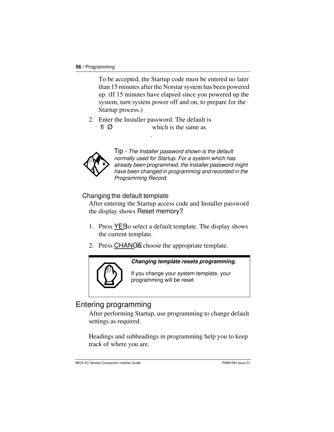 Nortel Networks MICS-XC manual Entering programming, ¤ﬂﬂ‹››, Changing the default template 