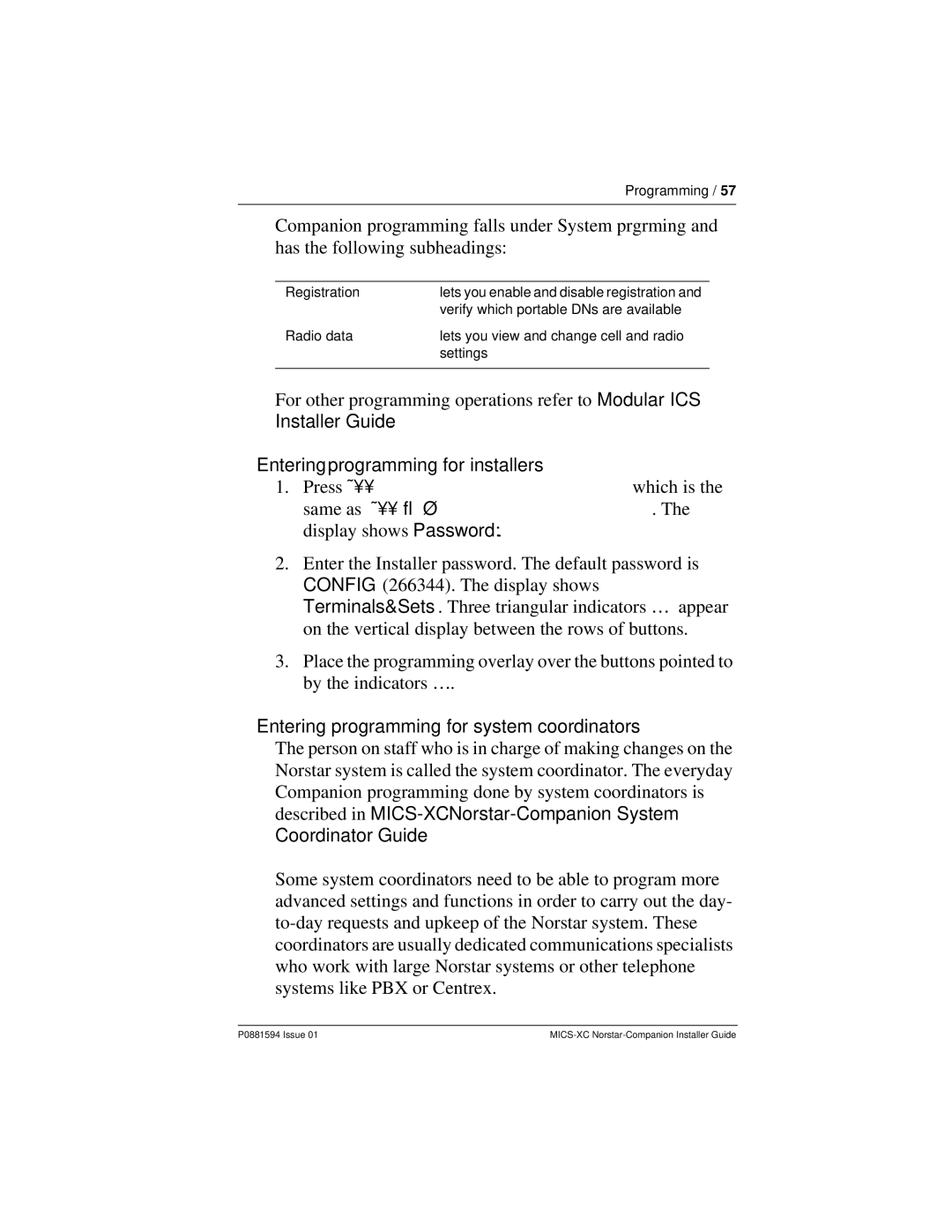 Nortel Networks MICS-XC manual Entering programming for installers, Entering programming for system coordinators 