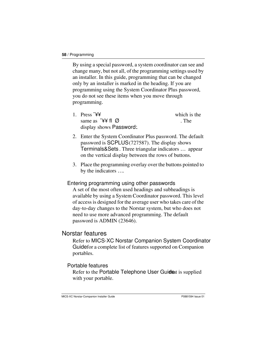 Nortel Networks MICS-XC manual Norstar features, Entering programming using other passwords, Portable features 