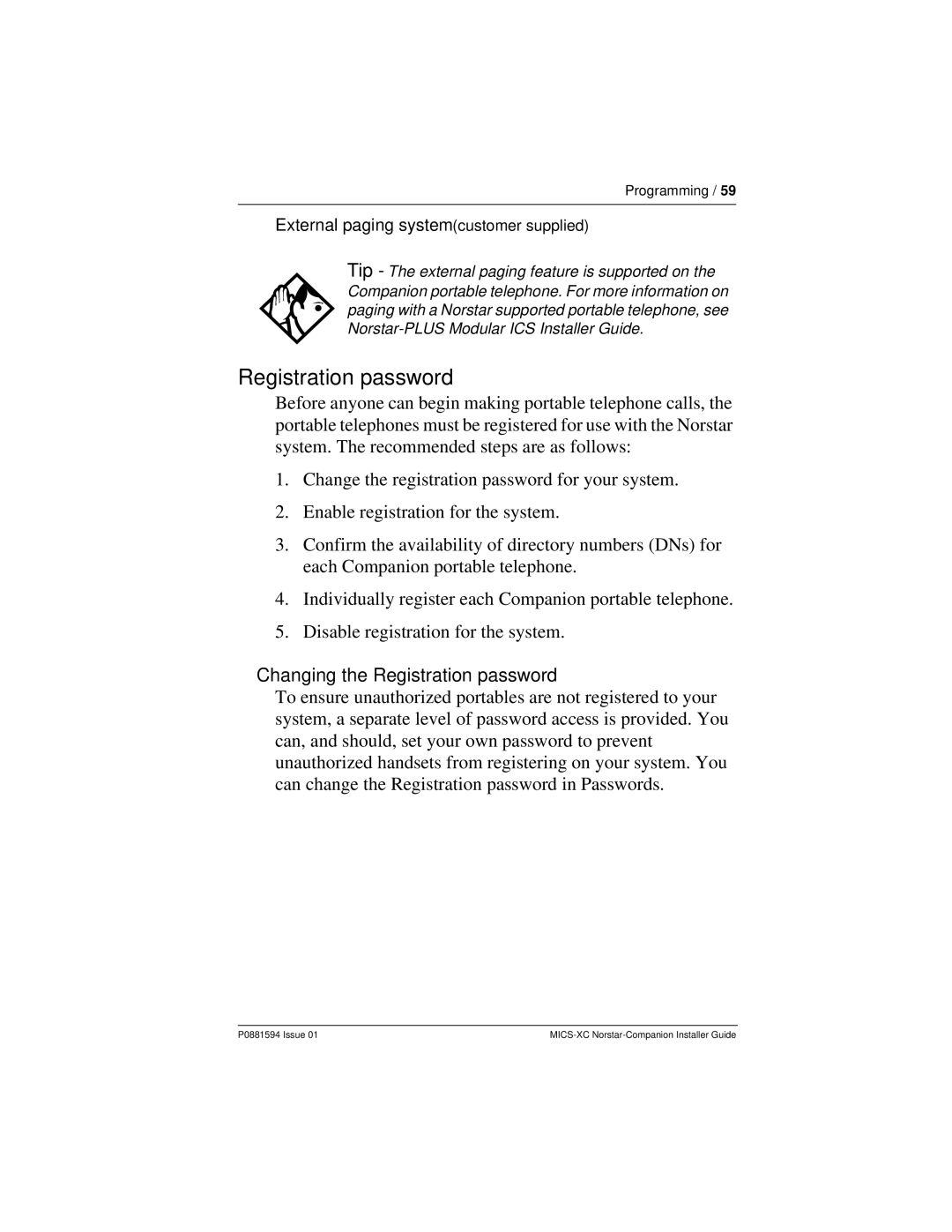 Nortel Networks MICS-XC manual Changing the Registration password 