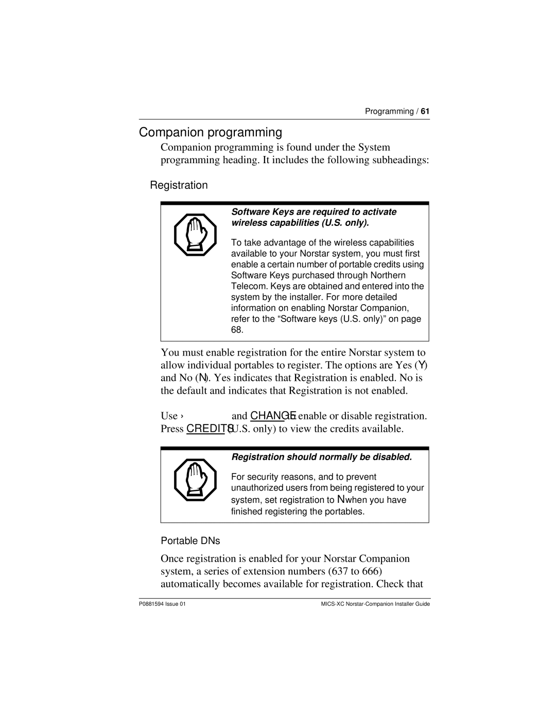 Nortel Networks MICS-XC manual Companion programming, Registration 