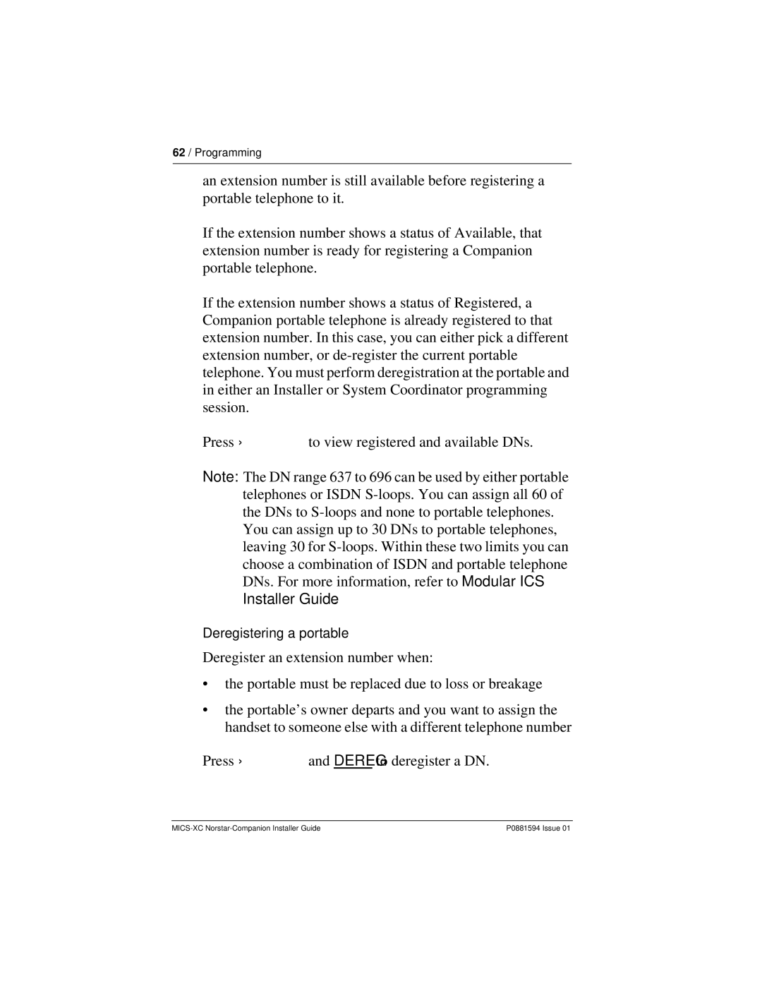 Nortel Networks MICS-XC manual Deregistering a portable 