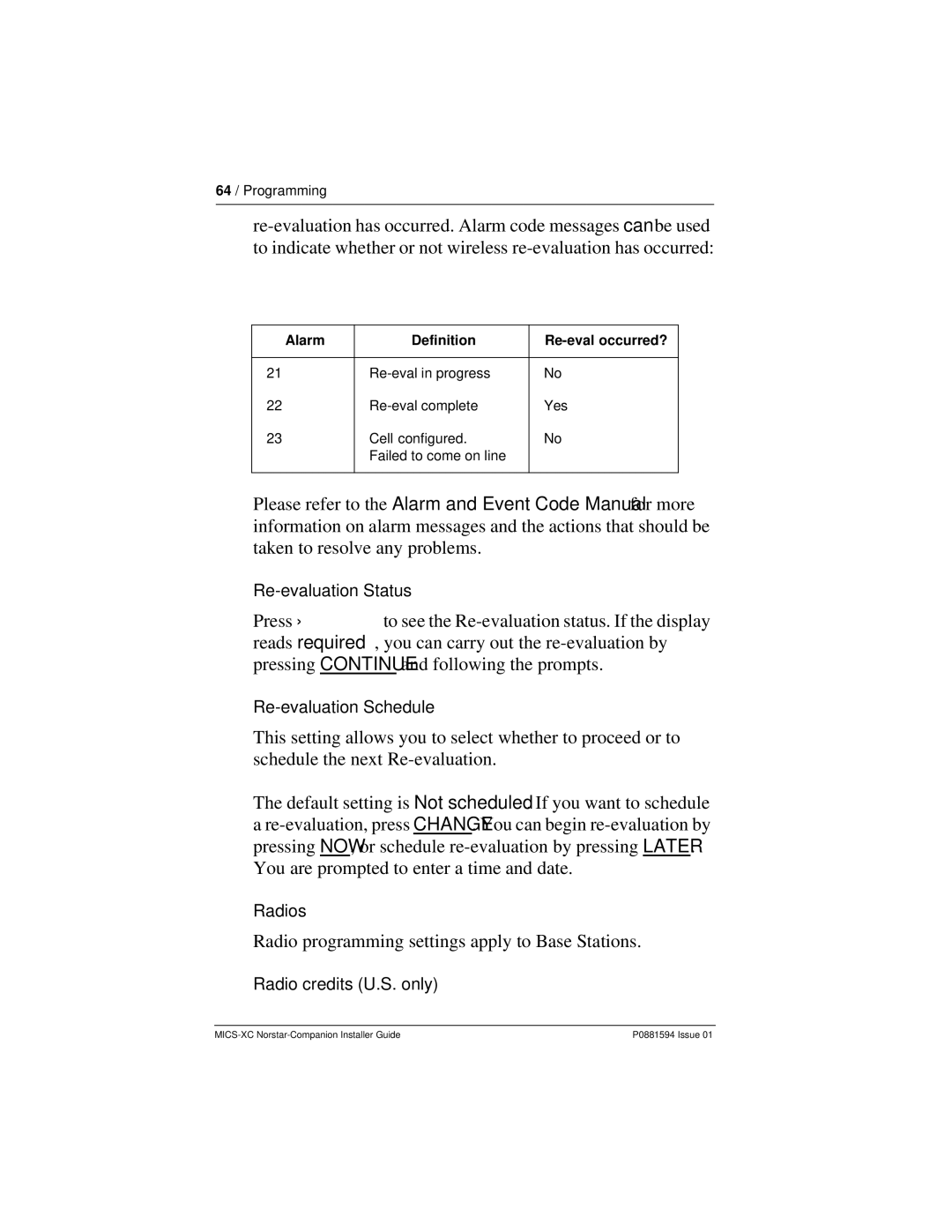 Nortel Networks MICS-XC manual Radio programming settings apply to Base Stations, Alarm Definition Re-eval occurred? 