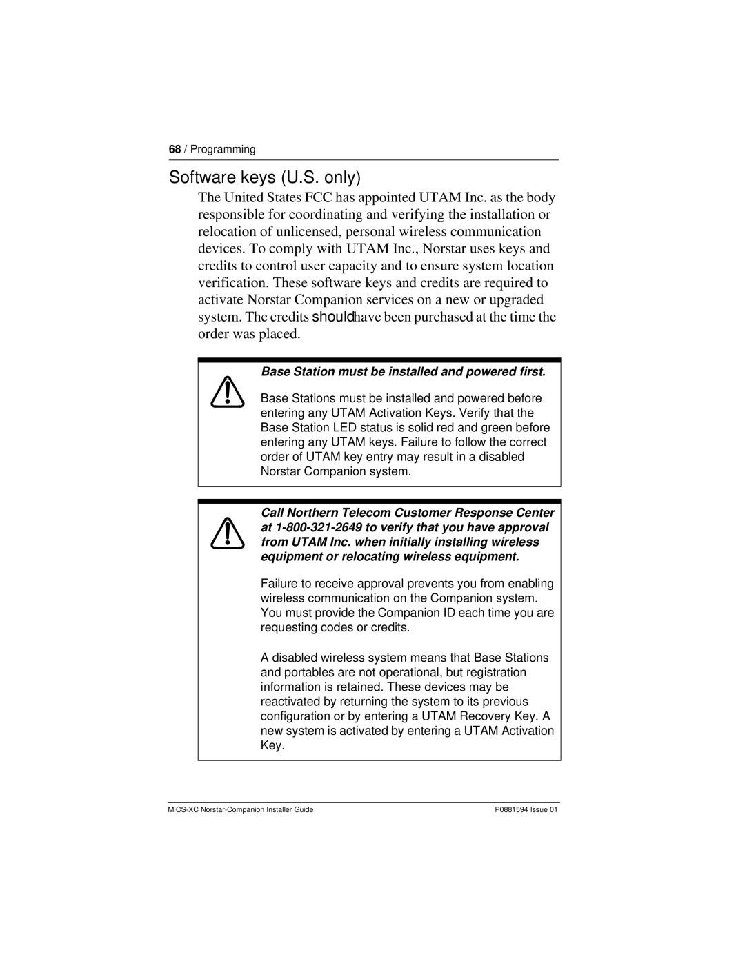 Nortel Networks MICS-XC manual Software keys U.S. only, Base Station must be installed and powered first 