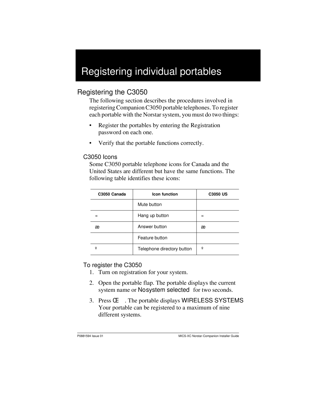 Nortel Networks MICS-XC manual Registering individual portables, Registering the C3050, C3050 Icons, To register the C3050 