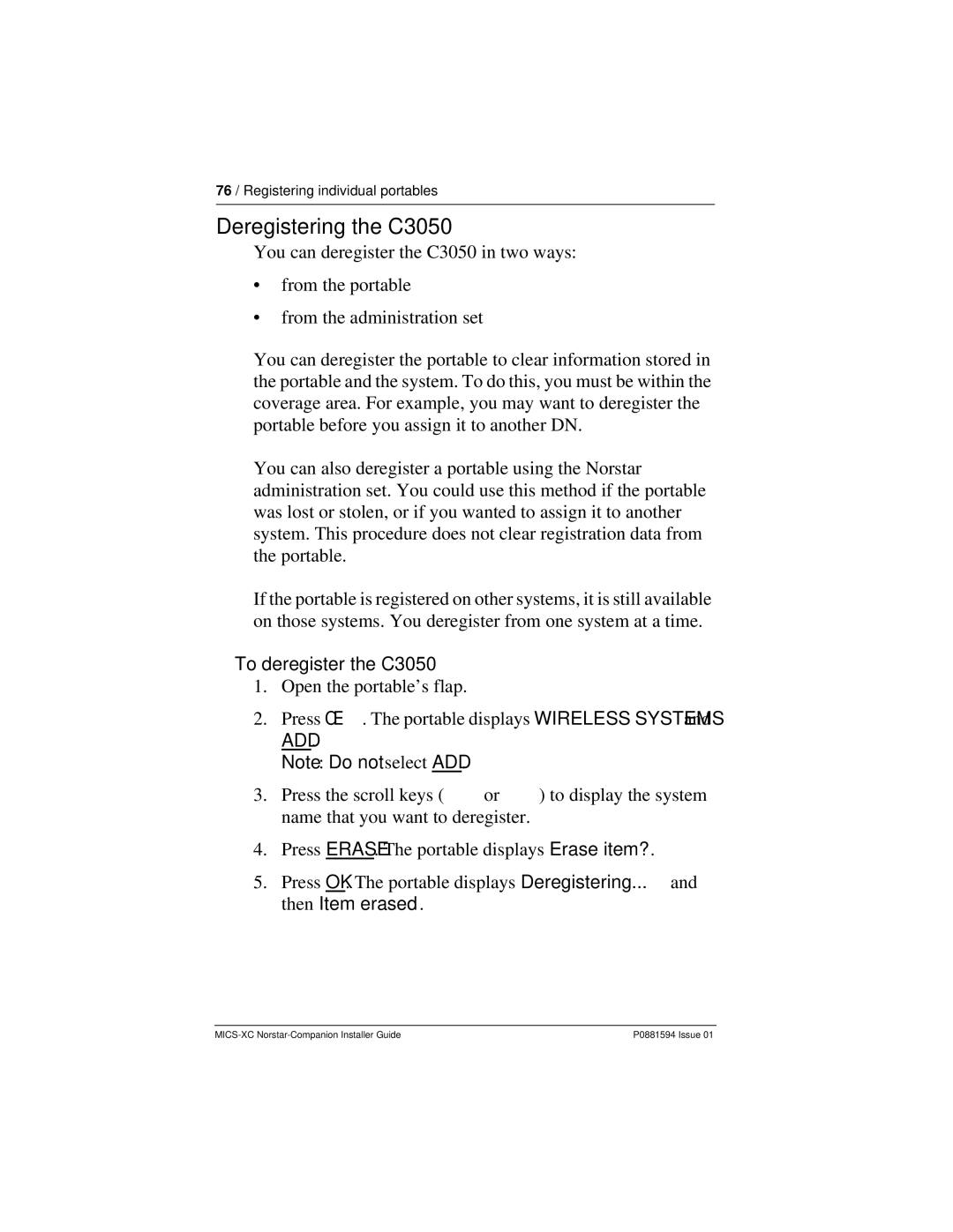 Nortel Networks MICS-XC manual Deregistering the C3050, To deregister the C3050 