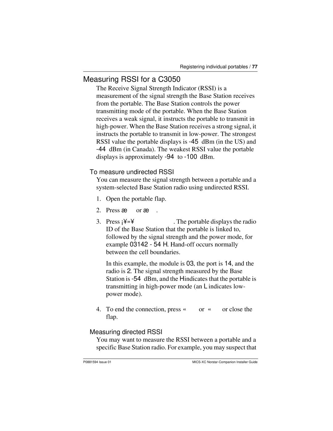 Nortel Networks MICS-XC manual Measuring Rssi for a C3050, To measure undirected Rssi, Measuring directed Rssi 