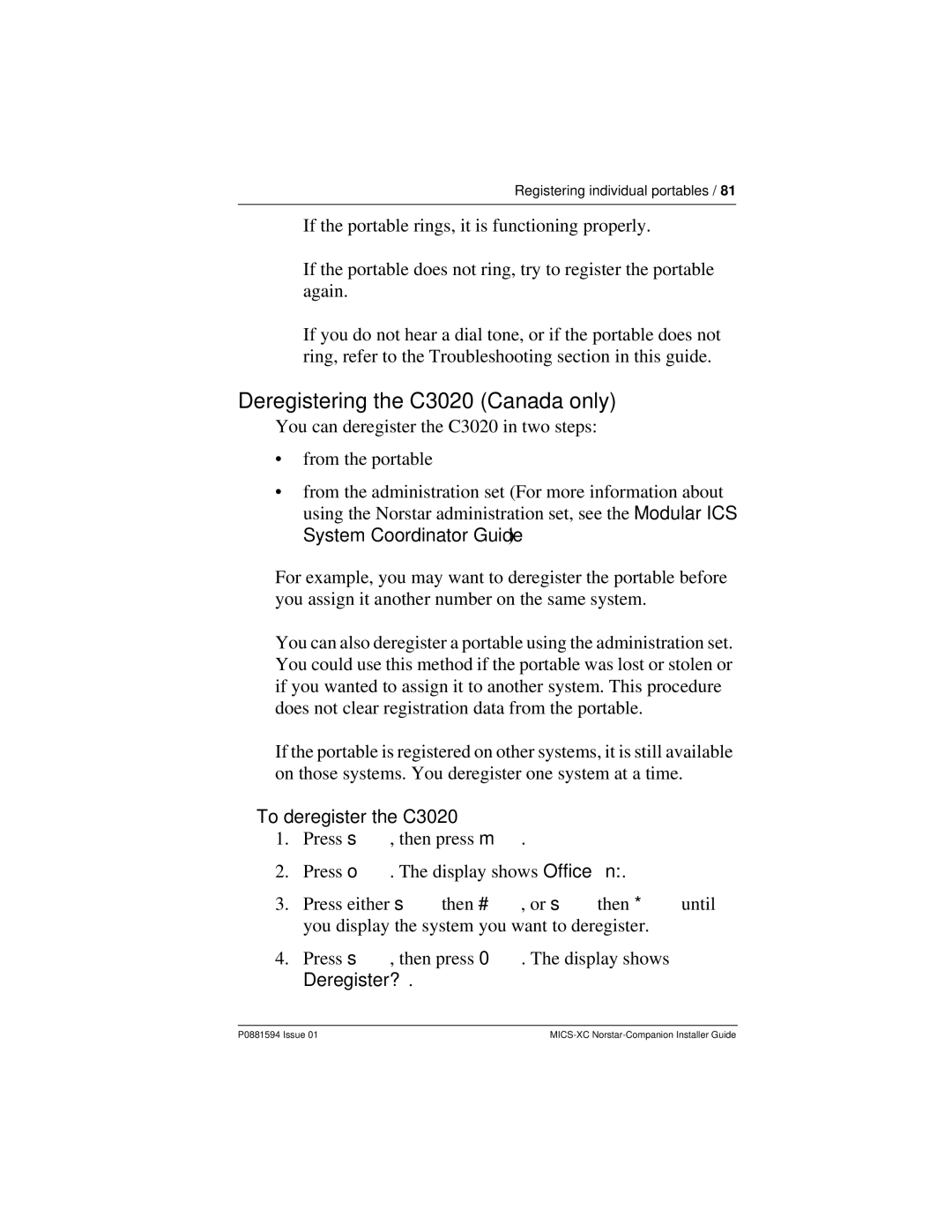 Nortel Networks MICS-XC manual Deregistering the C3020 Canada only, To deregister the C3020 