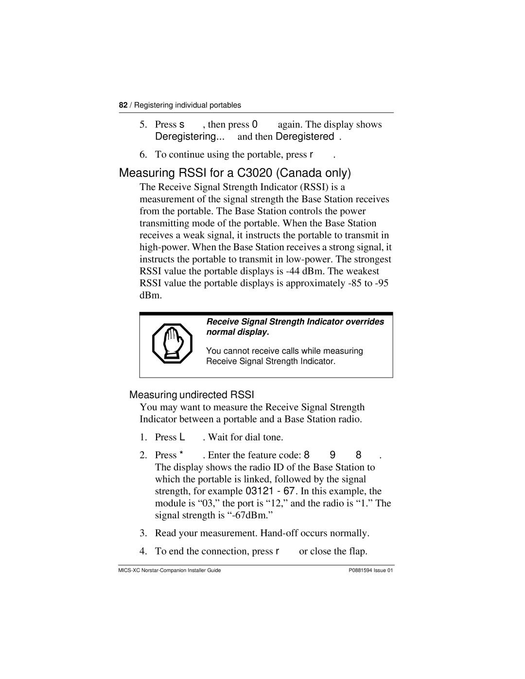 Nortel Networks MICS-XC manual Measuring Rssi for a C3020 Canada only, Measuring undirected Rssi 