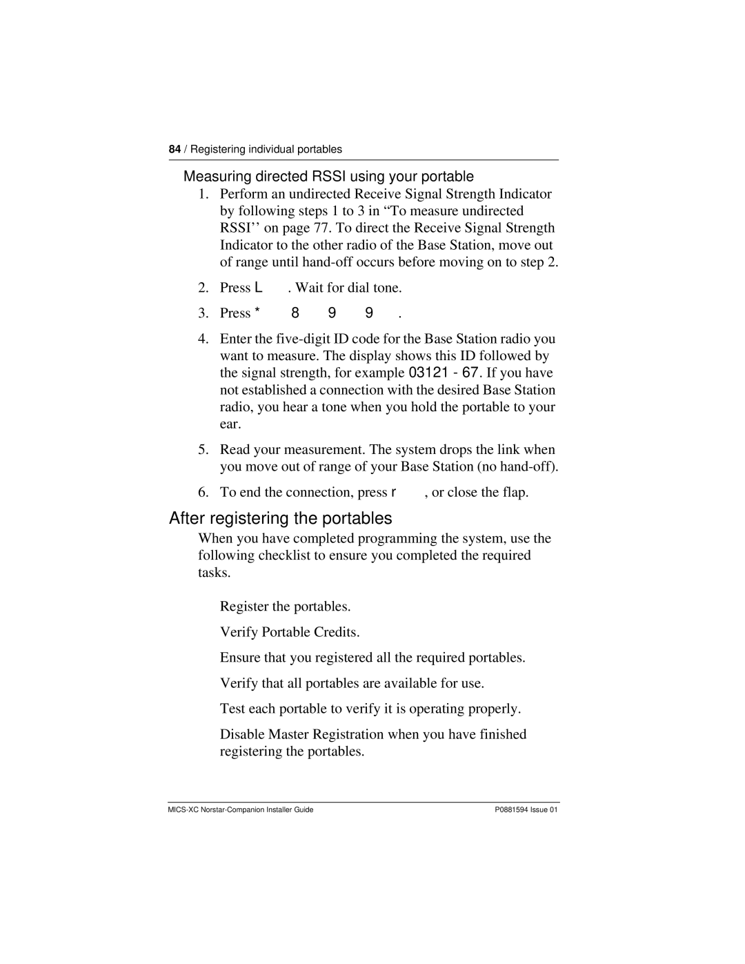 Nortel Networks MICS-XC manual After registering the portables, Measuring directed Rssi using your portable 