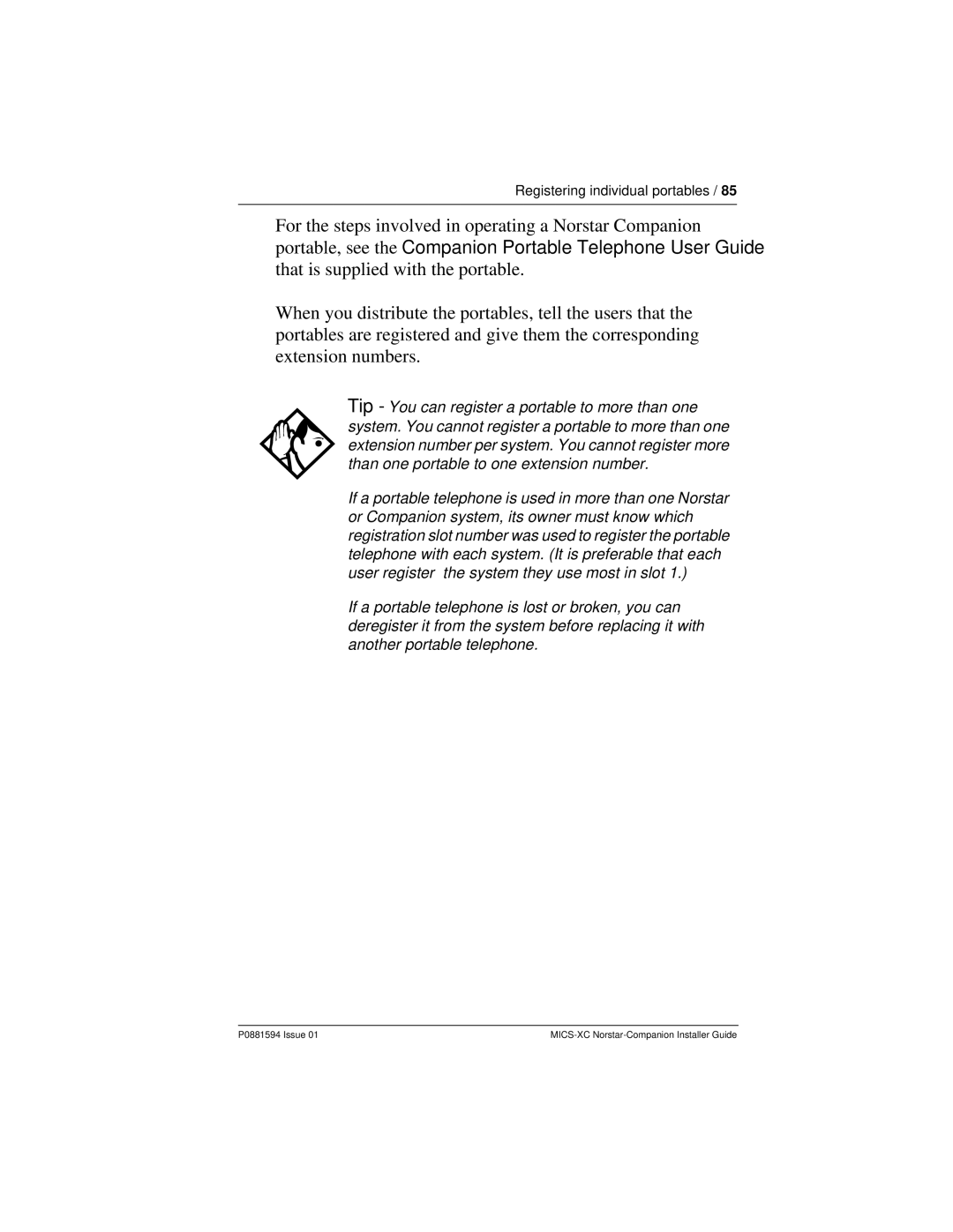 Nortel Networks MICS-XC manual Registering individual portables 